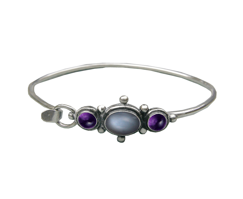 Sterling Silver Strap Latch Spring Hook Bangle Bracelet Grey Moonstone And Amethyst